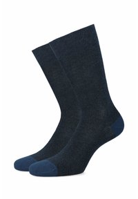 Granatowe skarpetki w wzór jodełkowy, z jednolitym ciemnoniebieskim palcem i mankietem. Wykonane z teksturowanej, tkanej tkaniny dla większej trwałości.