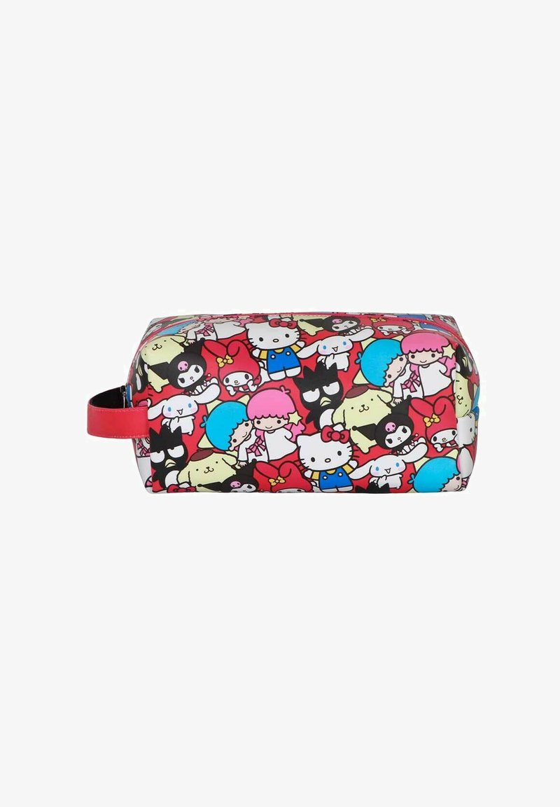 Neceser rectangular con un diseño estampado que presenta varios personajes de dibujos animados sobre un fondo rojo. Asa roja de un lado.