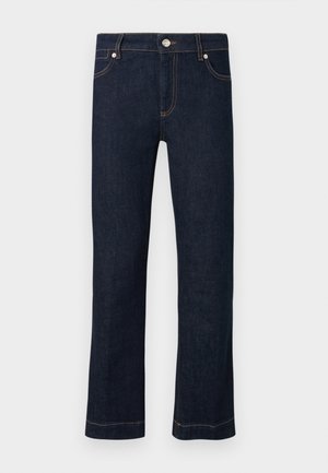Dark blue straight-leg denim jeans with front button, zipper fly, and orange stitching on white background.