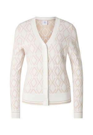 Women's long-sleeve beige and white cardigan with V-neck, button closure, and geometric diamond pattern throughout.