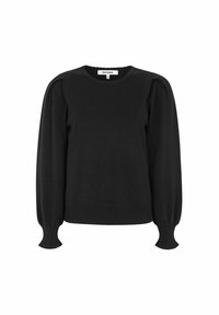 Maglione nero in morbido materiale, caratterizzato da un collo rotondo, maniche a sbuffo e polsini a coste con rifiniture scallop.