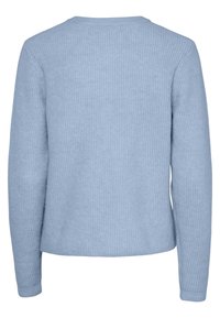 Helebeež meriinovillane pikkade varrukatega kampsun ümmarguse kaelusega, nähtud tagantpoolt.