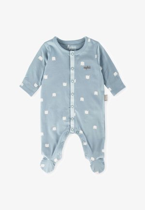 Tutina azzurra per neonati realizzata in morbido tessuto, con motivi di corone bianche, maniche lunghe, bottoni a pressione e design con piedi. Dettaglio del marchio in grigio.