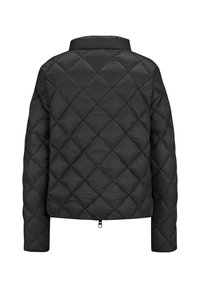 Schwarze gesteppte Jacke mit hohem Kragen, langen Ärmeln und taillenlanger Passform, mit einem Reißverschluss am unteren Ende und einer glatten Textur.