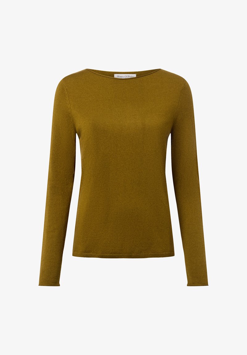 Langärmliges Oberteil in olivgrün, aus weichem Stoff gefertigt. Verfügt über einen Rundhalsausschnitt und ein enges Design ohne Muster oder Akzente.