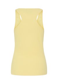 Débardeur dos nageur en tissu côtelé jaune clair, sans manches avec larges bretelles, présenté de dos sur fond blanc.