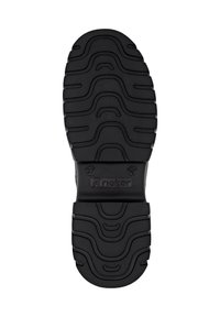 Semelle de chaussure en caoutchouc noir avec motif texturé et rainures. Présente un logo en relief et un indicateur de taille. Talon courbé pour une meilleure adhérence.