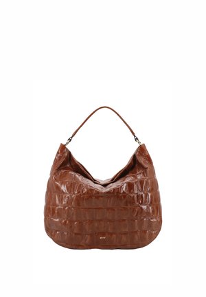 Brown glossy leather handbag with crocodile pattern, single shoulder strap, and small gold brand logo on front.