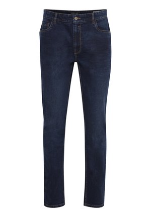 Dark blue denim jeans with a straight fit, five-pocket design, visible stitching, and a classic button closure at the waistband.
