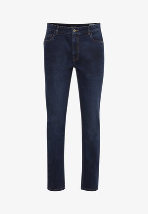 Dark blue denim jeans with a straight fit, five-pocket design, visible stitching, and a classic button closure at the waistband.
