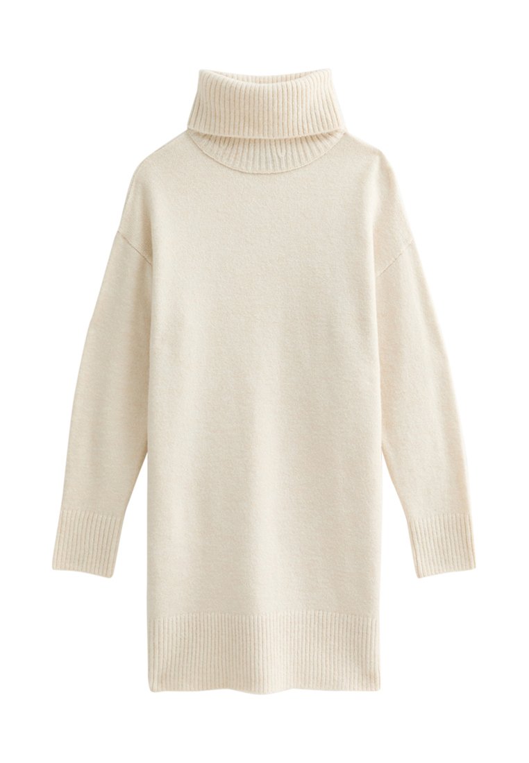 Crème-kleurige oversized trui met een geribde col en zoom. Zachte textuur, verlaagde schouders en lange mouwen.