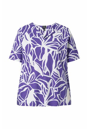 Lila-weißes kurzärmeliges Hemd mit großem abstraktem Blattmuster und V-Ausschnitt.