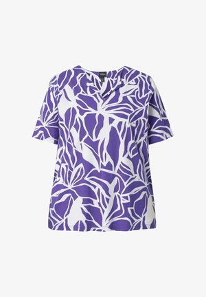 Camicia a maniche corte viola e bianca con grande motivo astratto a foglia e collo a V.