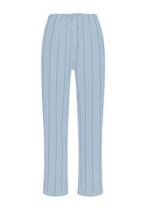 Pantaloni a righe blu chiaro con vita regolabile tramite cordoncino, gamba dritta e texture morbida. Presentano righe verticali come dettaglio di design.