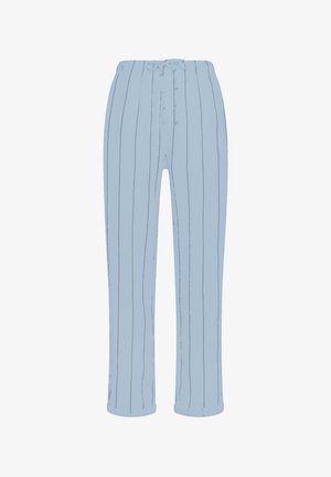Hellblaue gestreifte Hose mit einem Kordelzugbund, geraden Beinen und einer weichen Stoffstruktur. Besitzt vertikale Streifen als Designdetail.