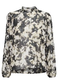 Blusa a maniche lunghe con colletto alto, caratterizzata da un motivo astratto in nero e beige, realizzata in tessuto leggero con una finitura testurizzata.