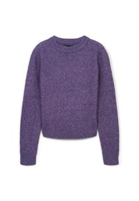 Maglione viola lavorato a maglia con scollo rotondo, maniche lunghe e orlo a coste. Presenta una texture morbida e sottili variazioni di colore.