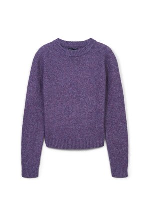 Pull en tricot violet avec un col rond, des manches longues et un ourlet côtelé. Il présente une texture douce et des variations subtiles de couleur.