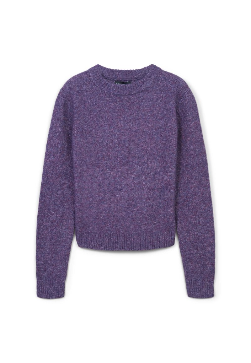 Maglione viola lavorato a maglia con scollo rotondo, maniche lunghe e orlo a coste. Presenta una texture morbida e sottili variazioni di colore.