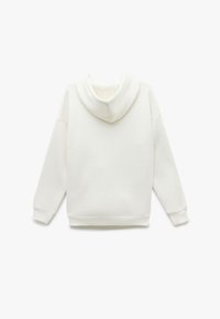 Felpa bianca semplice con maniche lunghe e cappuccio, mostrata dal retro su uno sfondo bianco.