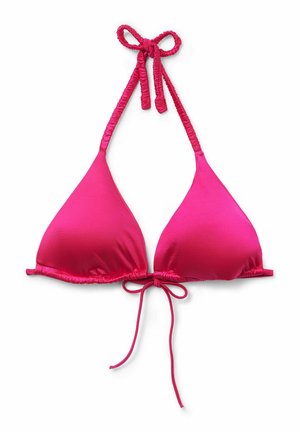 Růžový bikini top v trojúhelníkovém tvaru, vyrobený z hladkého, lesklého materiálu. Obsahuje zavazovací ramínka za krkem a na zádech, se skládáním.
