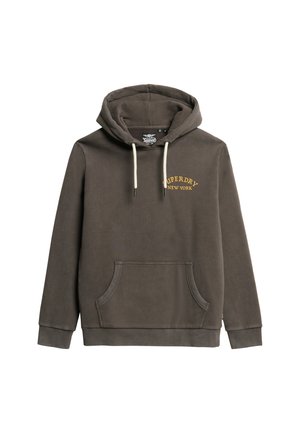 Felpa con cappuccio in tessuto grigio scuro con tasca frontale. Presenta un logo giallo "Superdry New York" e lacci al cappuccio.