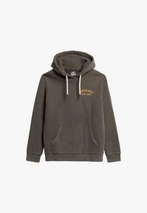 Hooded sweatshirt van donkergrijze stof met een voorzak. Voorzien van een gele "Superdry New York" logo en trekkoorden bij de capuchon.