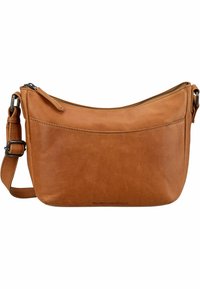 Borsa a spalla in pelle marrone chiaro con texture liscia, chiusura con zip e tracolla regolabile. Presenta anche una tasca frontale per ulteriore spazio di archiviazione.