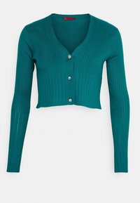 Cardigan teal a coste con maniche lunghe, scollatura a V e cinque bottoni, caratterizzato da un design leggermente cropped e una texture liscia e morbida.