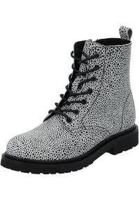 Stivaletto in bianco e nero con motivo a pois texturizzato, punta tonda, lacci neri e suola robusta.