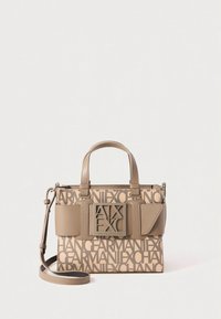 Borsa beige in materiale sintetico con logo 'Armani Exchange' a motivo ripetuto, design strutturato e tracolla removibile.