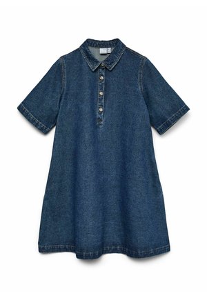 Robe en denim bleu foncé à manches courtes avec col et quatre boutons décoratifs le long de la patte de boutonnage avant.
