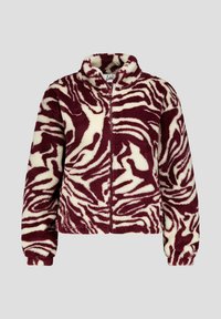 Fleece jack met een bordeauxrode en crèmekleurige abstracte patroon, voorzien van een hoge kraag en een rits aan de voorkant. Textuurstof, warme stof met elastische manchetten.