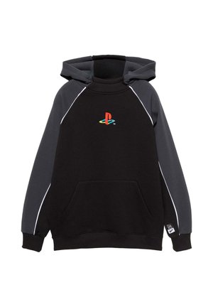 Hanorac negru cu mâneci raglan gri, având un logo colorat PlayStation pe piept și o buzunar tip cangur în față.
