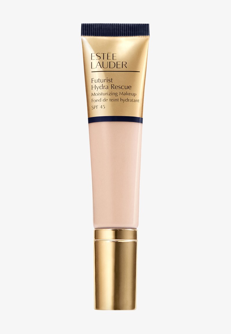 Estee Lauder Futurist Hydra Rescue fugtgivende makeup i en blød lyserød tube med guldaccents, med SPF 45, slankt design og glat tekstur.