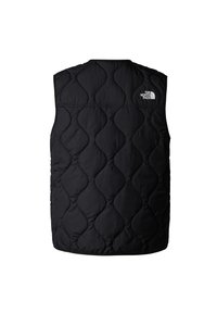 Black quilted vest featuring a high neck, subtle sheen, and The North Face logo on the upper left back. No sleeves, lightweight design.