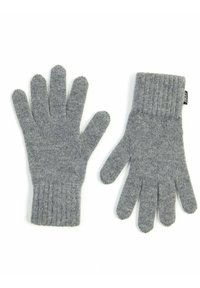 Stickade grå handskar med ribbade muddar, med fem fingrar och en mjuk textur. Huvudfärgen är en enhetlig ljusgrå.