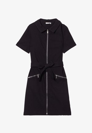Abito nero a maniche corte con zip anteriore, colletto e vitacin cintrata. Presenta due tasche con zip e una cintura in tessuto.