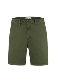 Olivově zelené bavlněné šortky s knoflíkovým zapínáním, poutky na pásek a předními kapsami. Hladká textura, délka ke kolenům s jednoduchým designem.