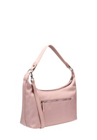 Borsa a spalla di tessuto rosa con una sola tracolla, dotata di una tasca frontale con zip e una texture liscia. Branding sottile sul lato.