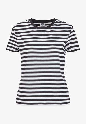 Crna i bijela prugasta majica s okruglim izrezom i kratkim rukavima, izrađena od mekanog pamučnog materijala. Ima ravni rub i ležeran kroj.