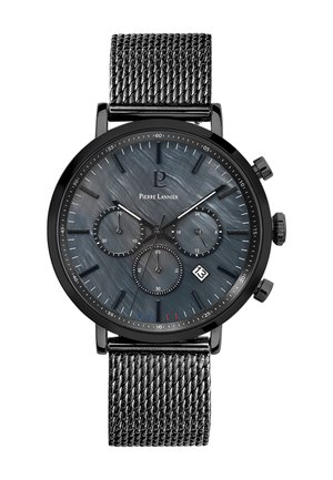 Schwarze Chronographuhr mit einem strukturierten Mesh-Armband. Sie besitzt ein dunkelblaues gemustertes Ziffernblatt, drei kleine Zifferblätter, eine Datumsanzeige und silberne Akzente.