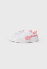 White and pink children's sneakers with Velcro straps and a dotted pink stripe on the sides, displayed on a plain background.