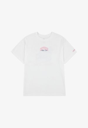 Vit bomull t-shirt med en färgglad "Converse"-logga i en krökt design på bröstet. Kort ärm, rund halsringning, med en rosa accent på en ärm.