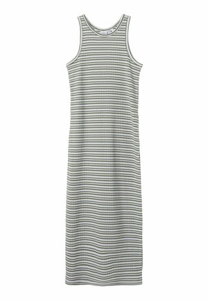 Robe sans manches, longueur genoux, côtelée avec des rayures horizontales vert olive et blanc et un col rond.