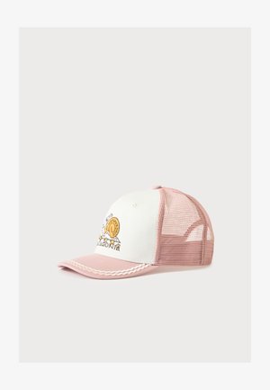 Weiße und rosa Mesh-Trucker-Cap mit Berg- und Sonnenmotiv auf der Vorderseite und gebogenem rosa Schirm mit weißen Ziernähten.