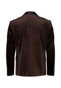Blazer in velluto marrone scuro con colletto in raso nero, maniche lunghe e dettagli con bottoni sui polsini, mostrato da dietro su sfondo bianco.