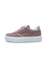 Madala lõikega mauve suede sneaker, millel on beežid aktsendid ja paks valge soonikuga kummitald, vaadatuna välispoolt.
