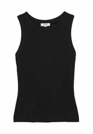 Crna majica bez rukava od glatkog pamuka. Ima okrugli dekolte, prilagođeni kroj i čiste ivice bez dodatnih uzoraka ili hardvera.