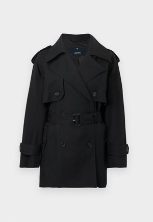 Zwarte trenchcoat met dubbelgeknoopte sluiting, ceintuur in de taille, grote revers en geribde manchetten met knopen. Gemaakt van gladde stof en voorzien van zijzakken.